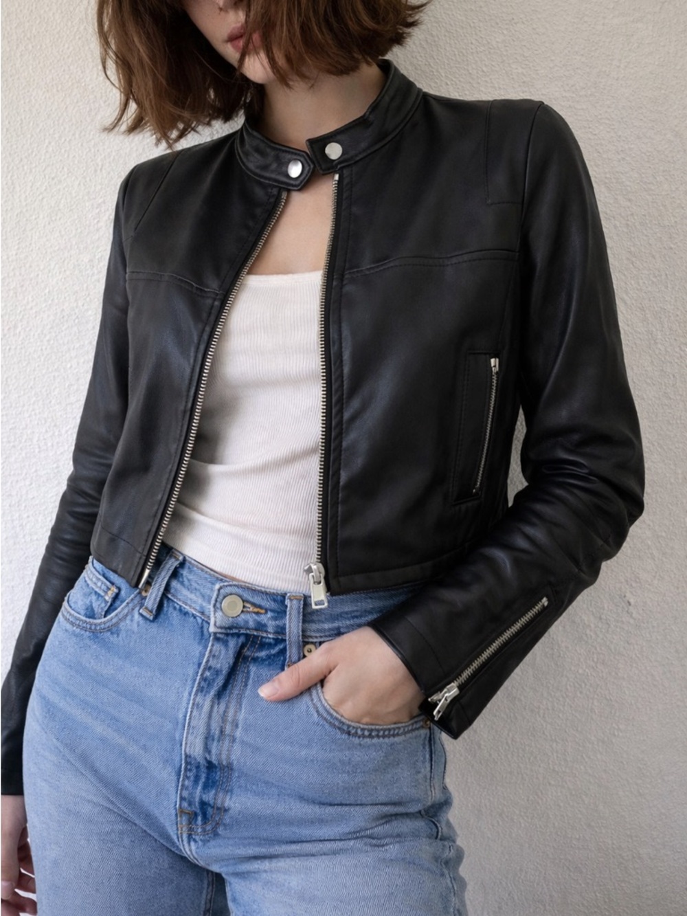 SPANX Black Leather Like Moto Jacket Cropped Zip XS Biker Rocker Edgy